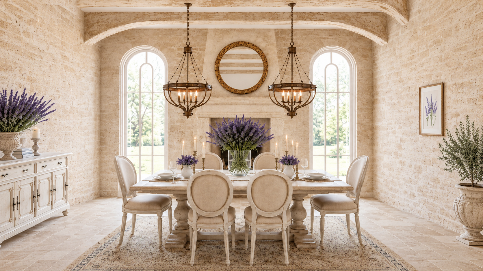 Luxury French Country Dining Room with Double Chandeliers and Arched Alcoves